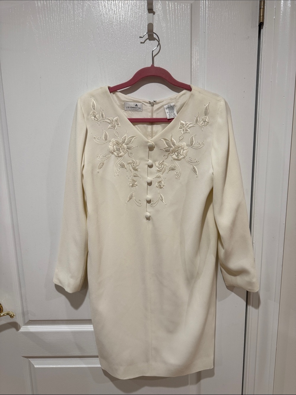Liz Claiborne Cream Embroidered Long-Sleeve Dress